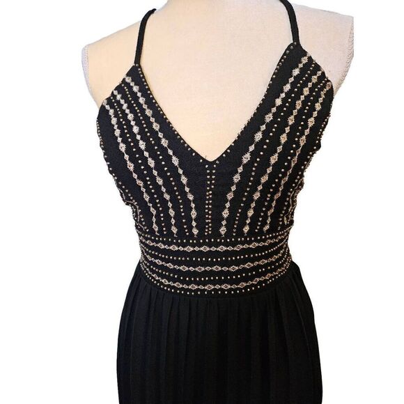 Lulus black with gold accents crossback spaghetti strap gown. Size M. - Picture 2 of 11